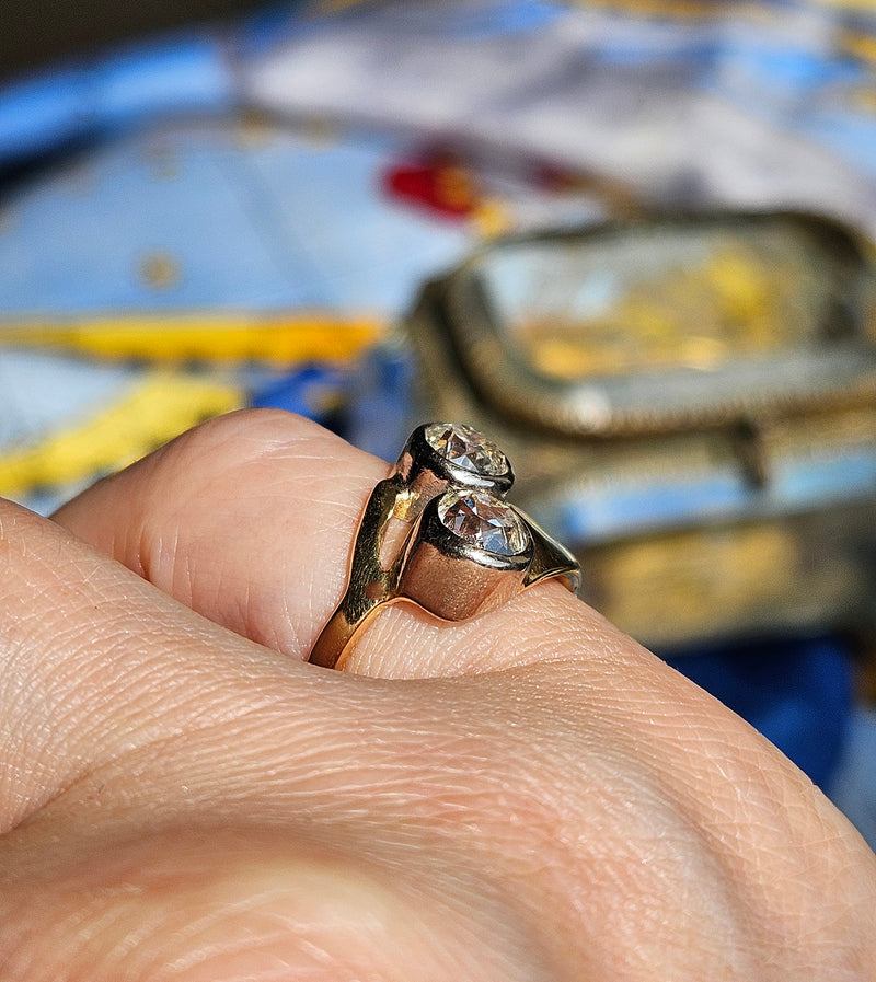 1914 Art Nouveau GIA 1.60ct Antique Old Mine cut Diamond Crossover "Toi et Moi" 18K Gold Ring