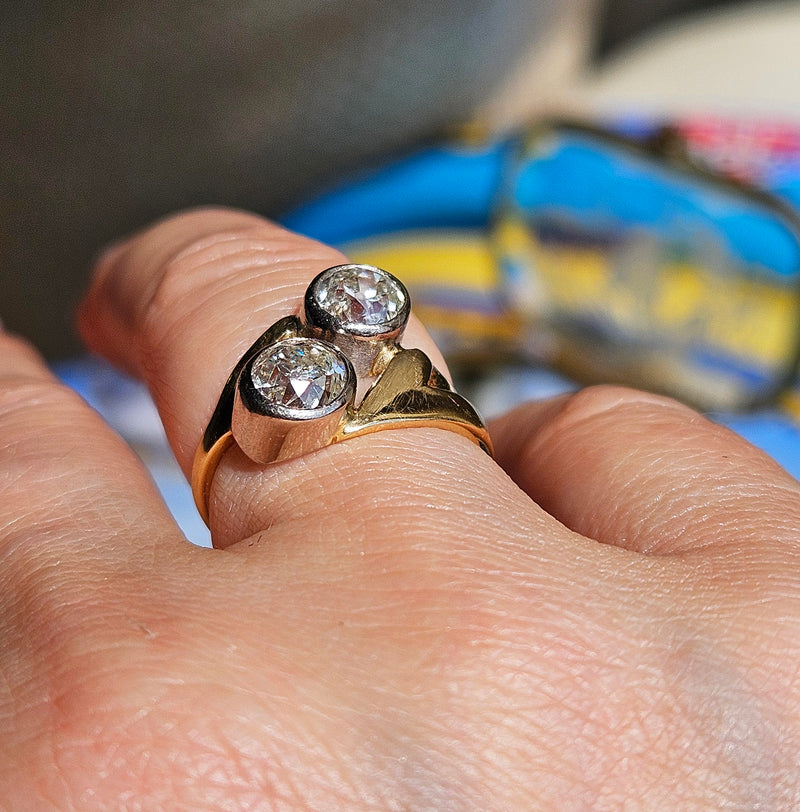 1914 Art Nouveau GIA 1.60ct Antique Old Mine cut Diamond Crossover "Toi et Moi" 18K Gold Ring