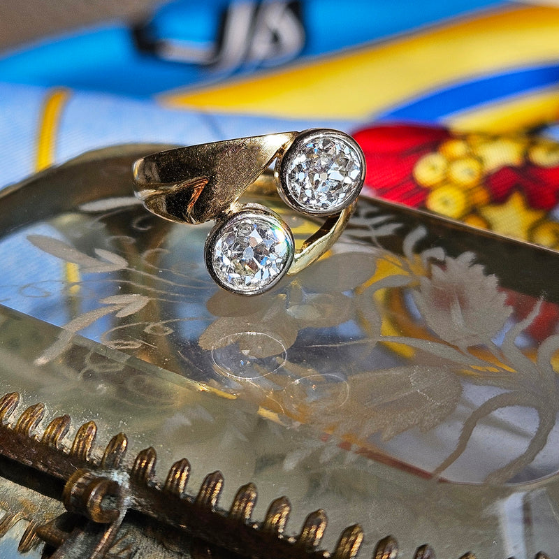 1914 Art Nouveau GIA 1.60ct Antique Old Mine cut Diamond Crossover "Toi et Moi" 18K Gold Ring