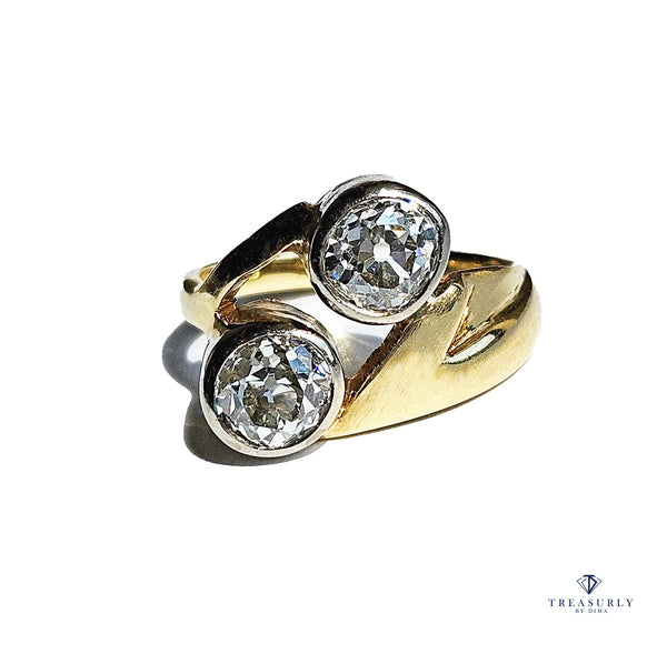 1914 Art Nouveau GIA 1.60ct Antique Old Mine cut Diamond Crossover "Toi et Moi" 18K Gold Ring