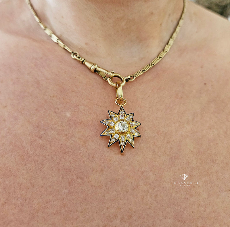 Antique Victorian English GIA 19K Gold Ten Point Old Mine Diamond and Blue Enamel Starburst Star Pendant