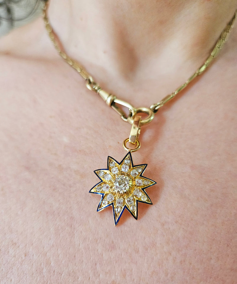 Antique Victorian English GIA 19K Gold Ten Point Old Mine Diamond and Blue Enamel Starburst Star Pendant