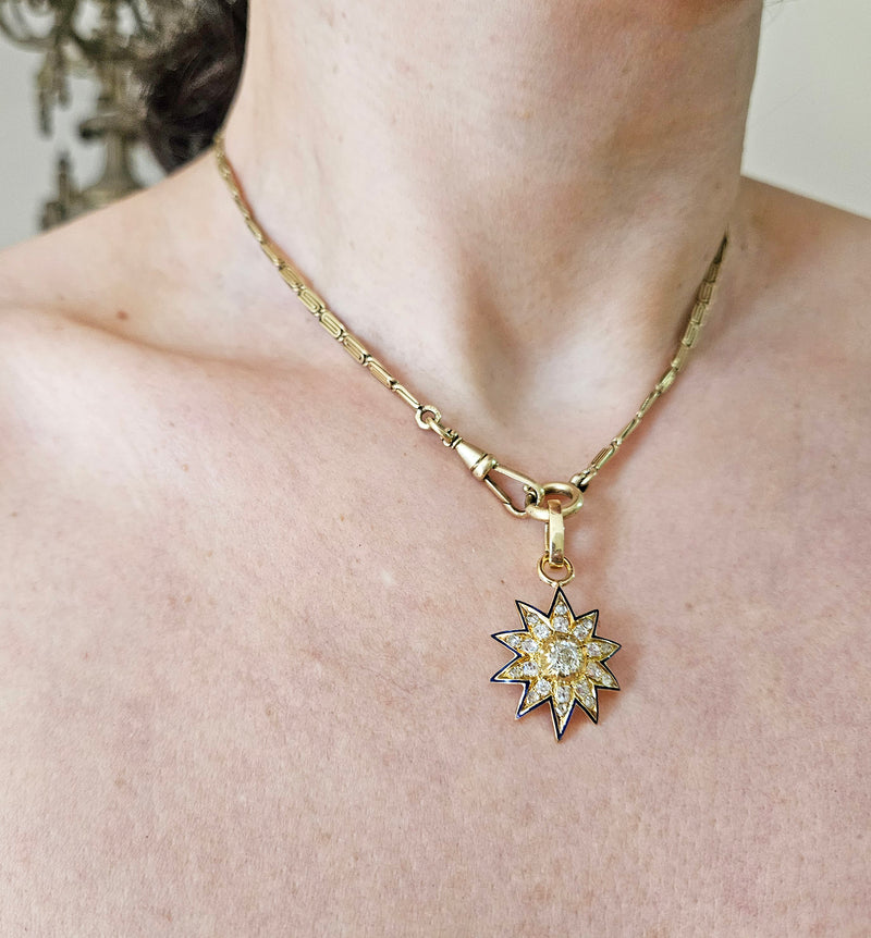 Antique Victorian English GIA 19K Gold Ten Point Old Mine Diamond and Blue Enamel Starburst Star Pendant