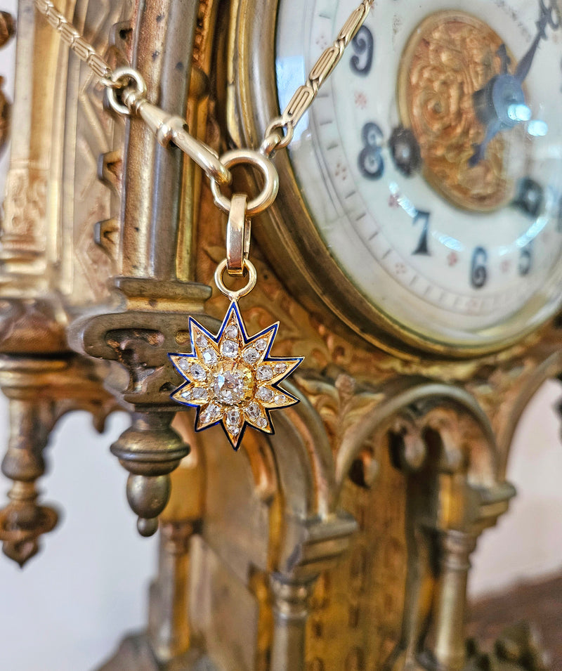 Antique Victorian English GIA 19K Gold Ten Point Old Mine Diamond and Blue Enamel Starburst Star Pendant