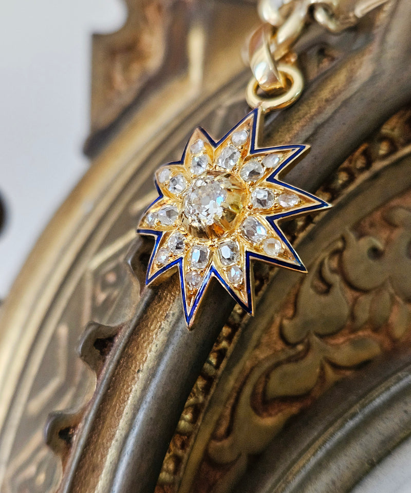 Antique Victorian English GIA 19K Gold Ten Point Old Mine Diamond and Blue Enamel Starburst Star Pendant