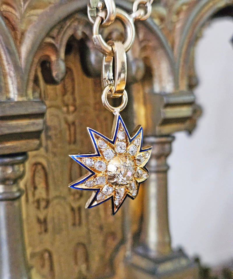 Antique Victorian English GIA 19K Gold Ten Point Old Mine Diamond and Blue Enamel Starburst Star Pendant