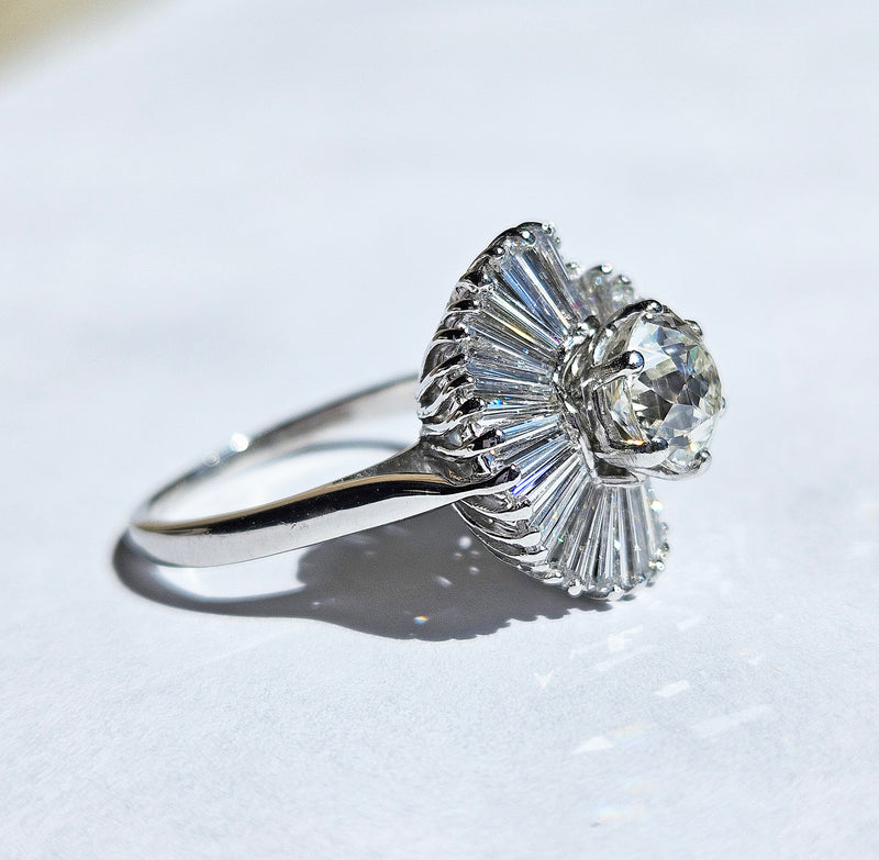 Vintage Estate GIA 4.06ct Old European Cut Diamond Ballerina Cocktail Platinum Ring