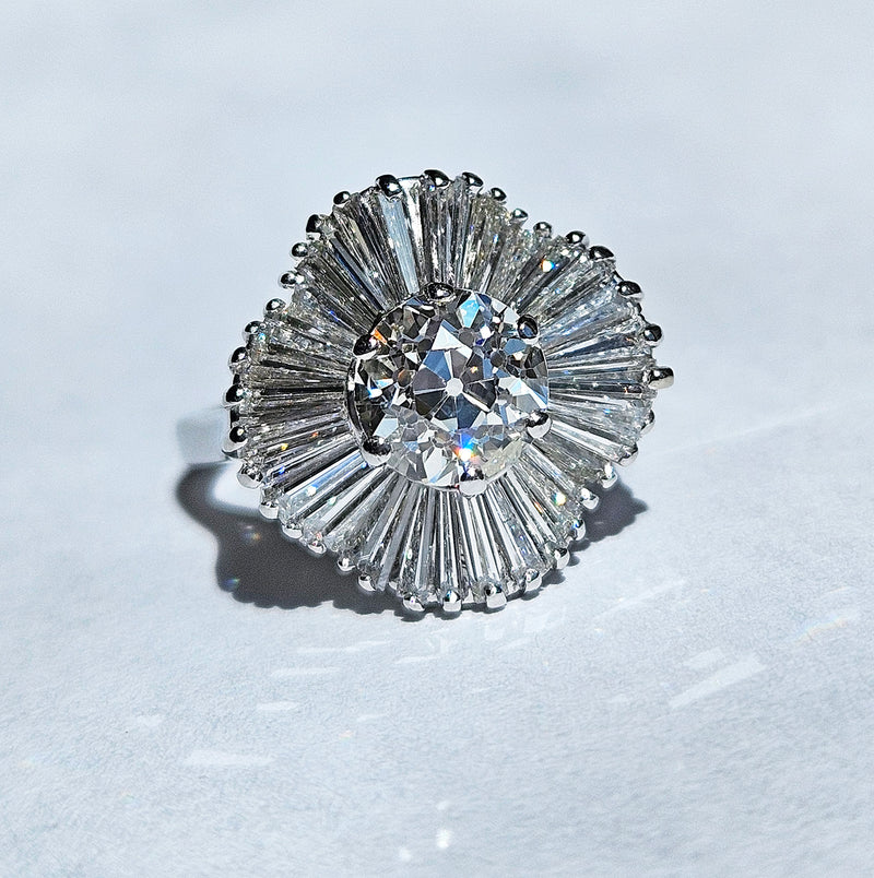 Vintage Estate GIA 4.06ct Old European Cut Diamond Ballerina Cocktail Platinum Ring