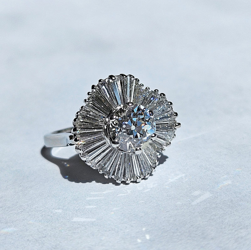 Vintage Estate GIA 4.06ct Old European Cut Diamond Ballerina Cocktail Platinum Ring