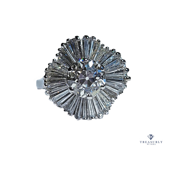 Vintage Estate GIA 4.06ct Old European Cut Diamond Ballerina Cocktail Platinum Ring