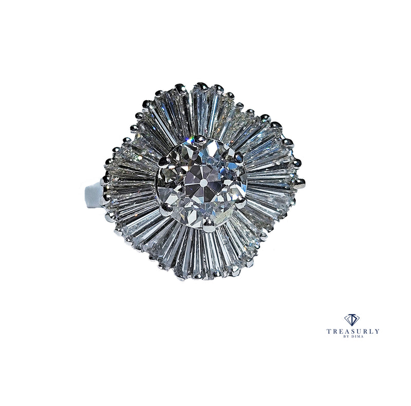 Vintage Estate GIA 4.06ct Old European Cut Diamond Ballerina Cocktail Platinum Ring