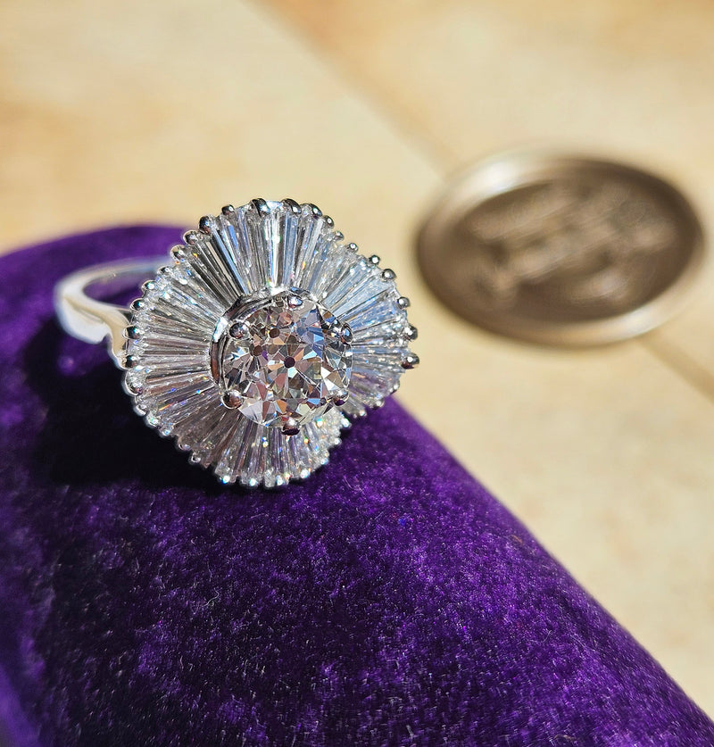 Vintage Estate GIA 4.06ct Old European Cut Diamond Ballerina Cocktail Platinum Ring