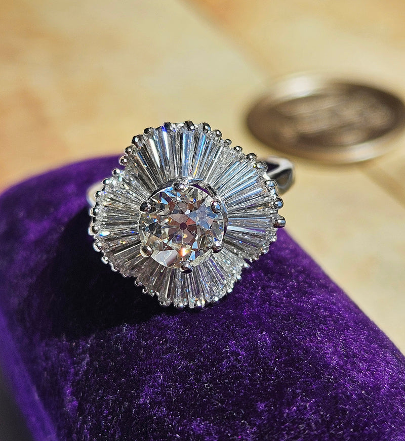 Vintage Estate GIA 4.06ct Old European Cut Diamond Ballerina Cocktail Platinum Ring