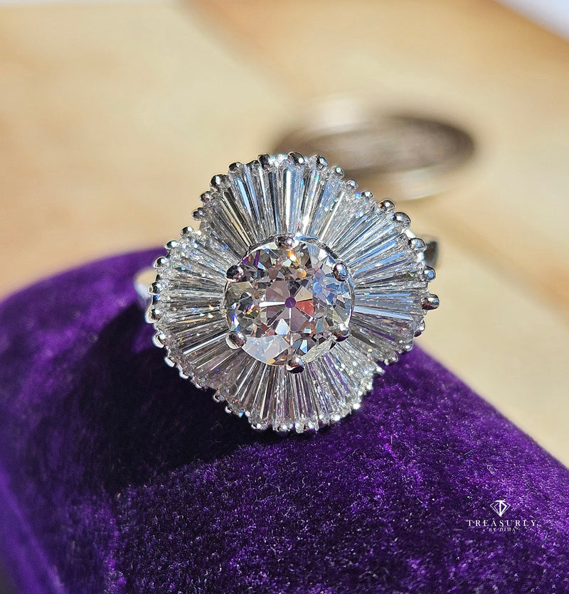 Vintage Estate GIA 4.06ct Old European Cut Diamond Ballerina Cocktail Platinum Ring