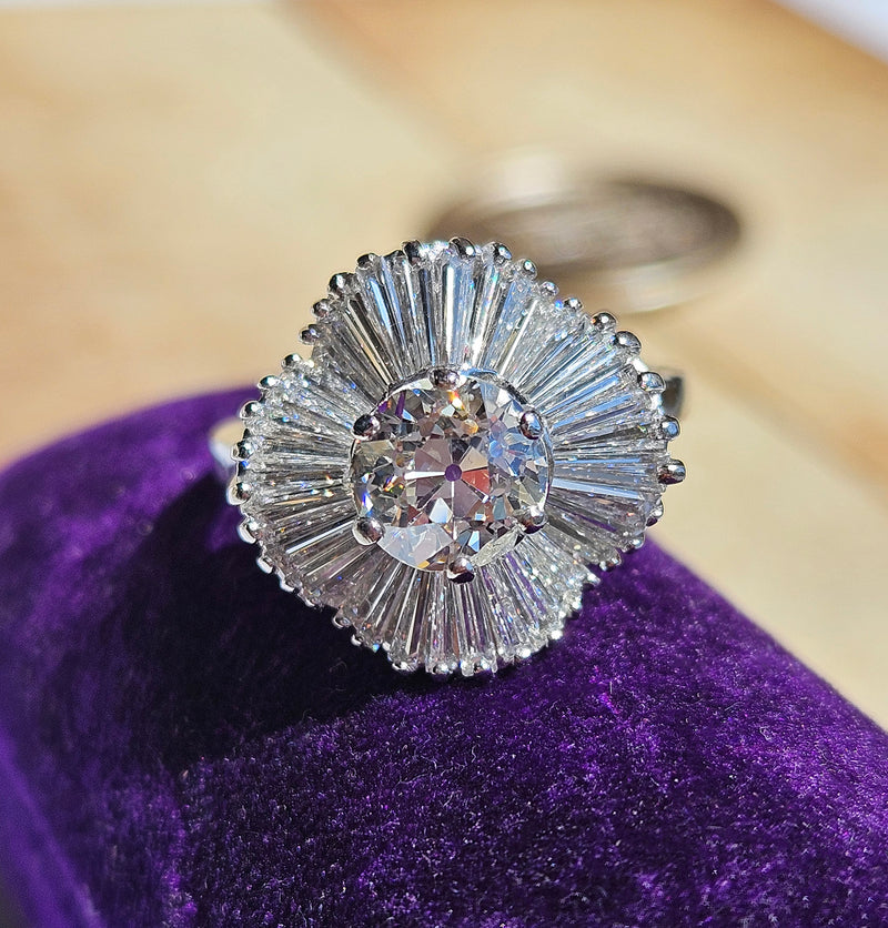 Vintage Estate GIA 4.06ct Old European Cut Diamond Ballerina Cocktail Platinum Ring