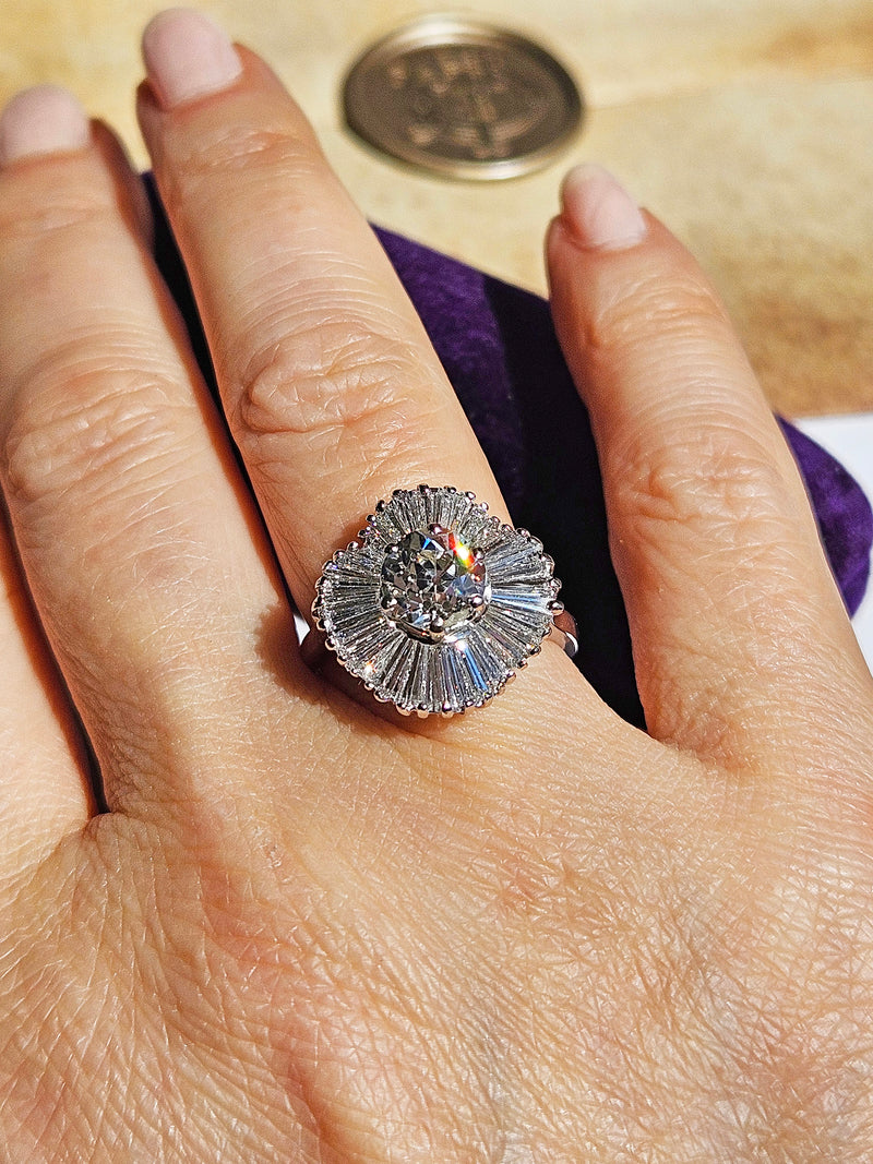 Vintage Estate GIA 4.06ct Old European Cut Diamond Ballerina Cocktail Platinum Ring
