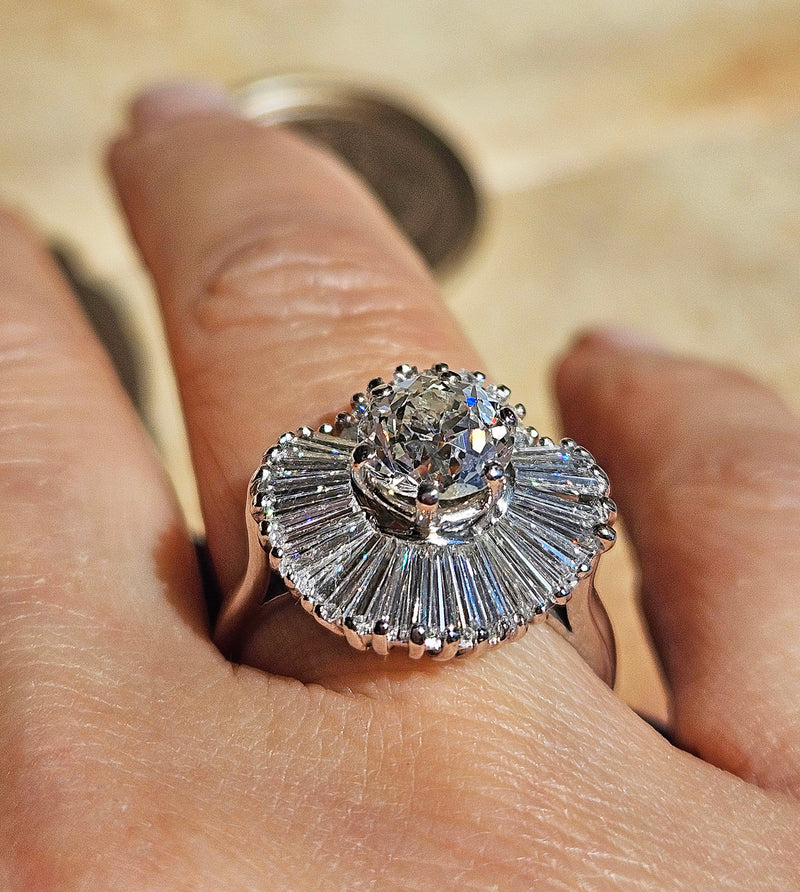 Vintage Estate GIA 4.06ct Old European Cut Diamond Ballerina Cocktail Platinum Ring