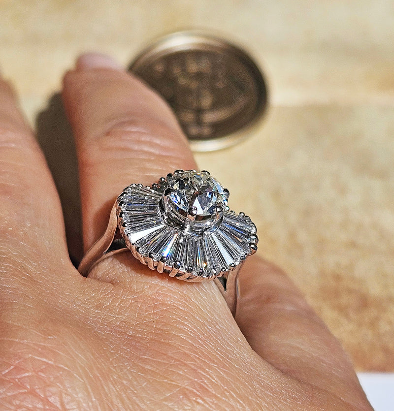 Vintage Estate GIA 4.06ct Old European Cut Diamond Ballerina Cocktail Platinum Ring