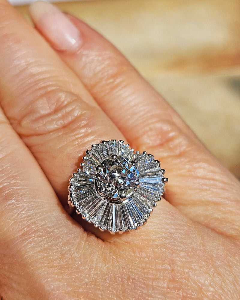 Vintage Estate GIA 4.06ct Old European Cut Diamond Ballerina Cocktail Platinum Ring