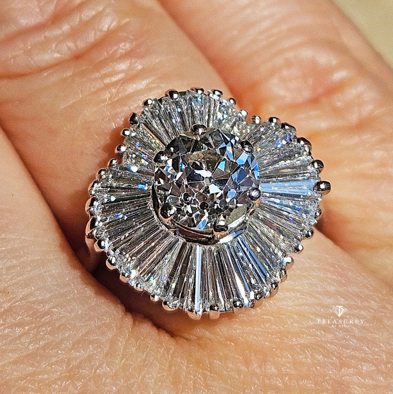 Vintage Estate GIA 4.06ct Old European Cut Diamond Ballerina Cocktail Platinum Ring