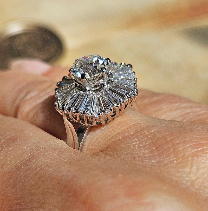 Vintage Estate GIA 4.06ct Old European Cut Diamond Ballerina Cocktail Platinum Ring
