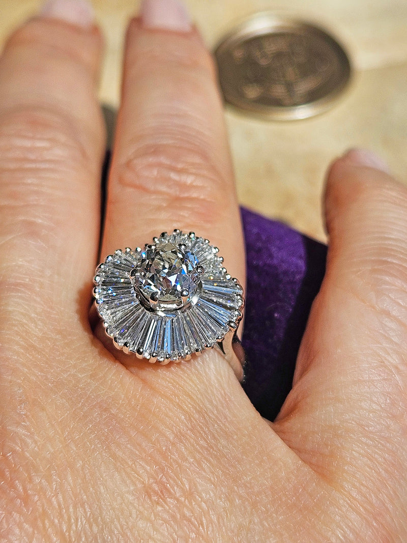 Vintage Estate GIA 4.06ct Old European Cut Diamond Ballerina Cocktail Platinum Ring