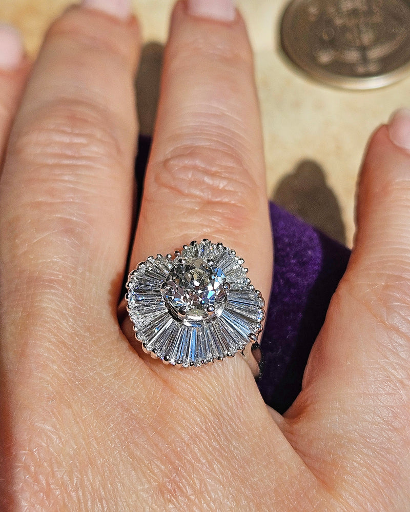Vintage Estate GIA 4.06ct Old European Cut Diamond Ballerina Cocktail Platinum Ring