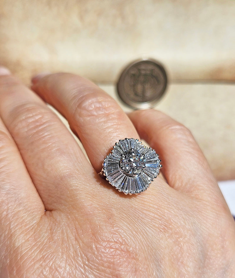 Vintage Estate GIA 4.06ct Old European Cut Diamond Ballerina Cocktail Platinum Ring
