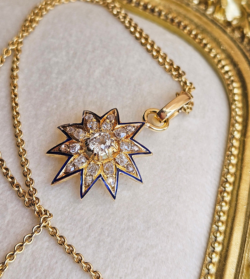 Antique Victorian English GIA 19K Gold Ten Point Old Mine Diamond and Blue Enamel Starburst Star Pendant