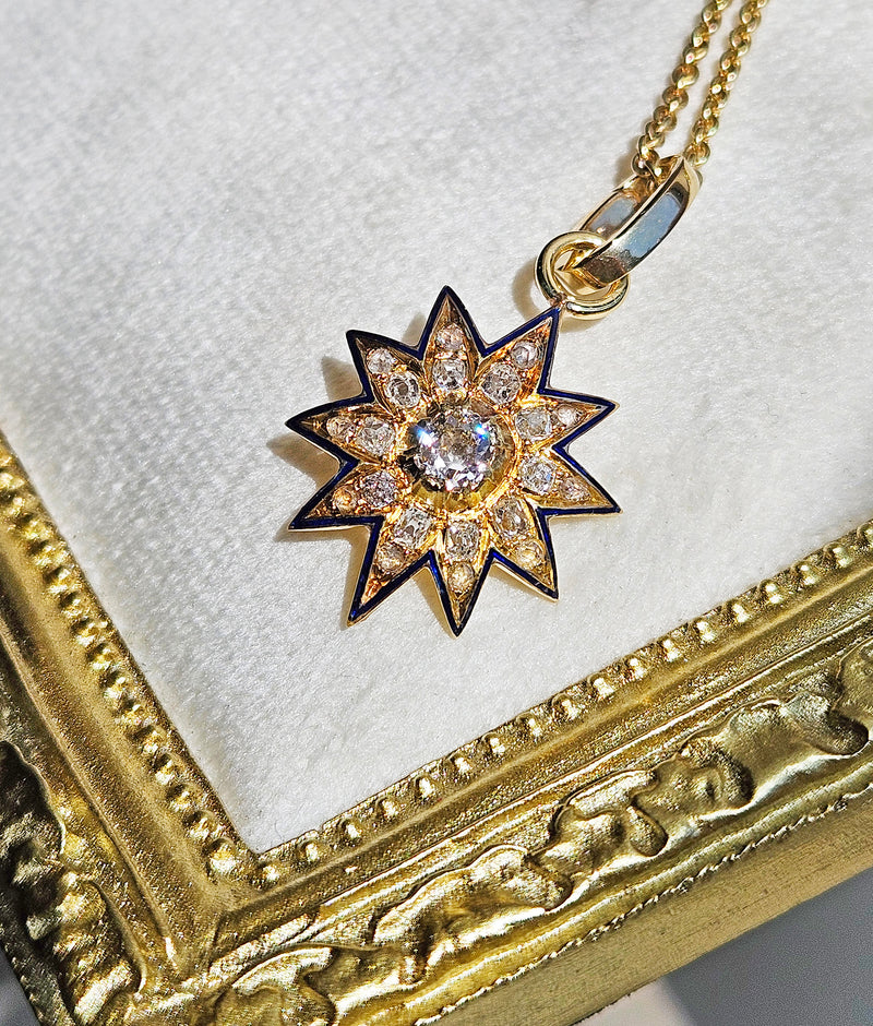 Antique Victorian English GIA 19K Gold Ten Point Old Mine Diamond and Blue Enamel Starburst Star Pendant