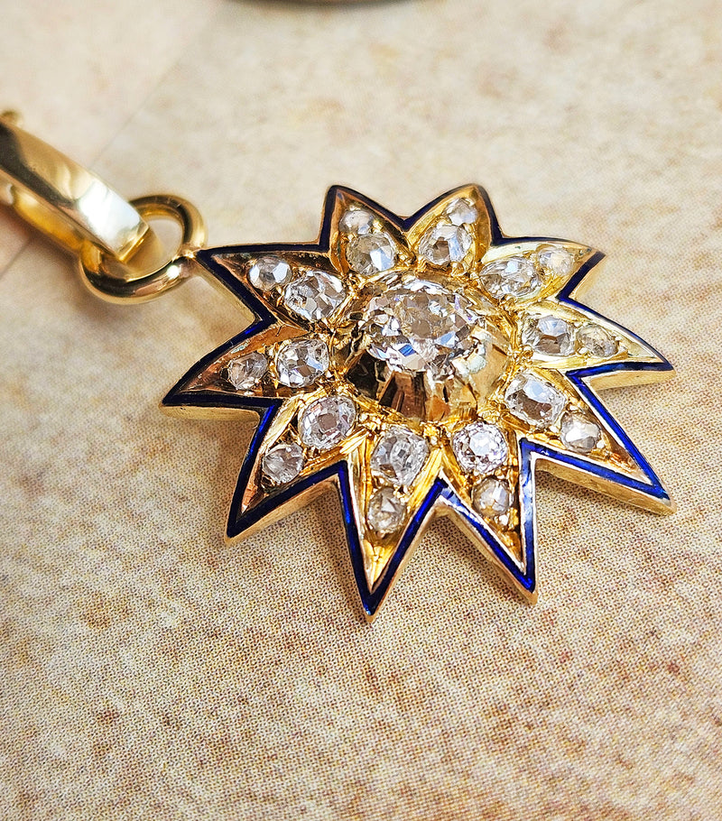Antique Victorian English GIA 19K Gold Ten Point Old Mine Diamond and Blue Enamel Starburst Star Pendant