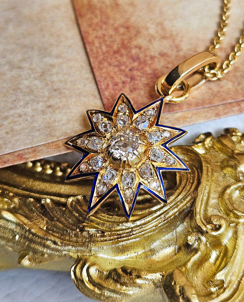 Antique Victorian English GIA 19K Gold Ten Point Old Mine Diamond and Blue Enamel Starburst Star Pendant