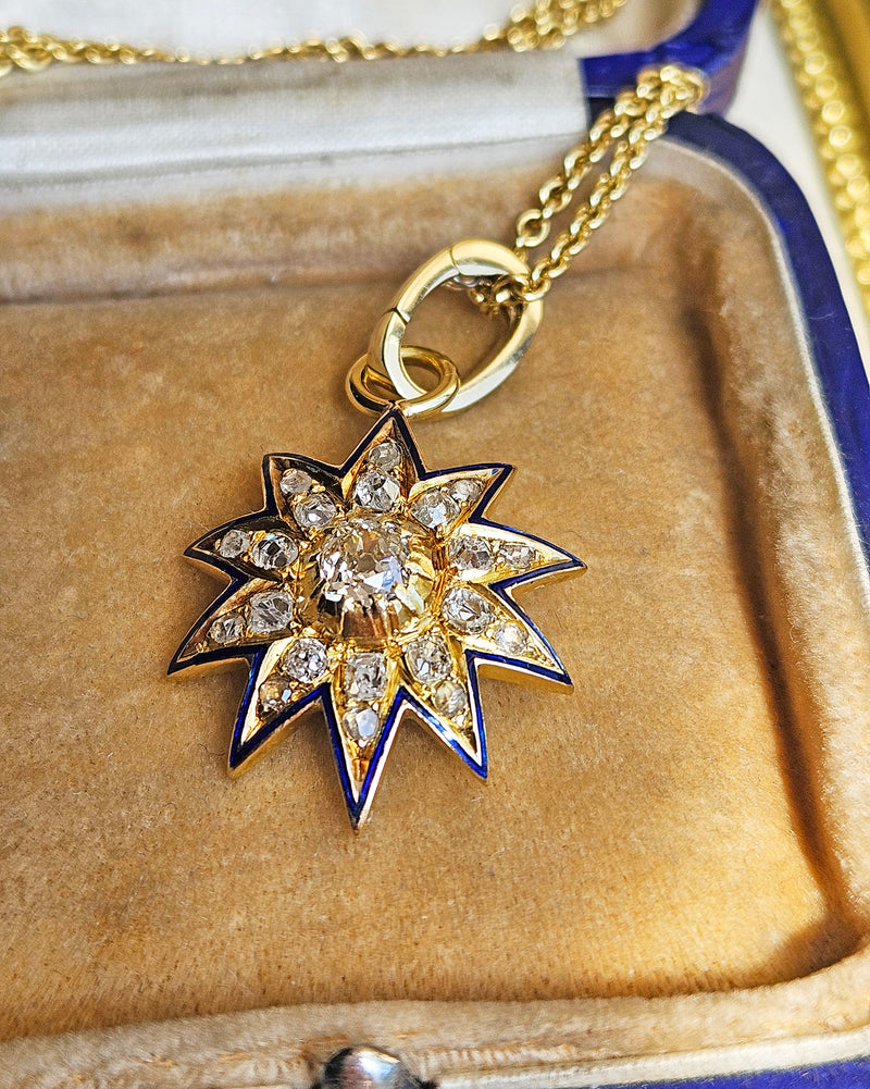 Antique Victorian English GIA 19K Gold Ten Point Old Mine Diamond and Blue Enamel Starburst Star Pendant