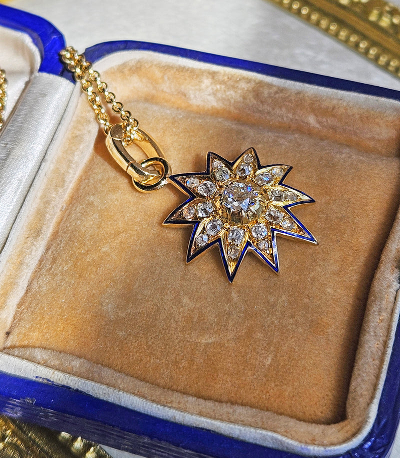 Antique Victorian English GIA 19K Gold Ten Point Old Mine Diamond and Blue Enamel Starburst Star Pendant