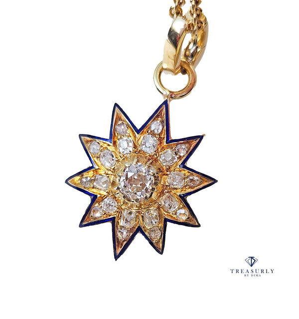 Antique Victorian English GIA 19K Gold Ten Point Old Mine Diamond and Blue Enamel Starburst Star Pendant