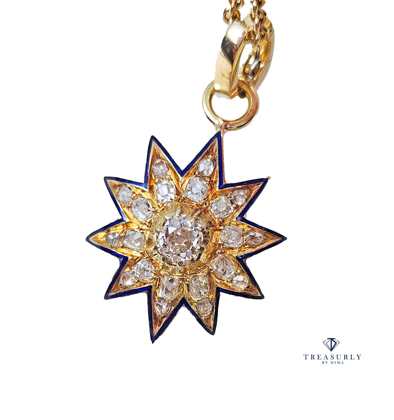 Antique Victorian English GIA 19K Gold Ten Point Old Mine Diamond and Blue Enamel Starburst Star Pendant