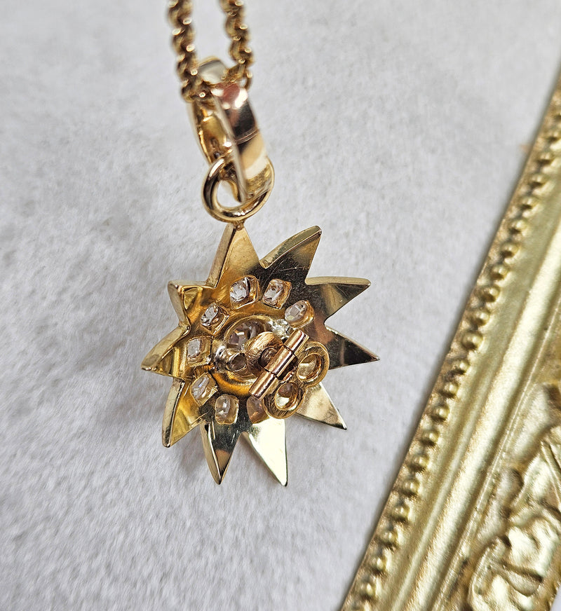 Antique Victorian English GIA 19K Gold Ten Point Old Mine Diamond and Blue Enamel Starburst Star Pendant