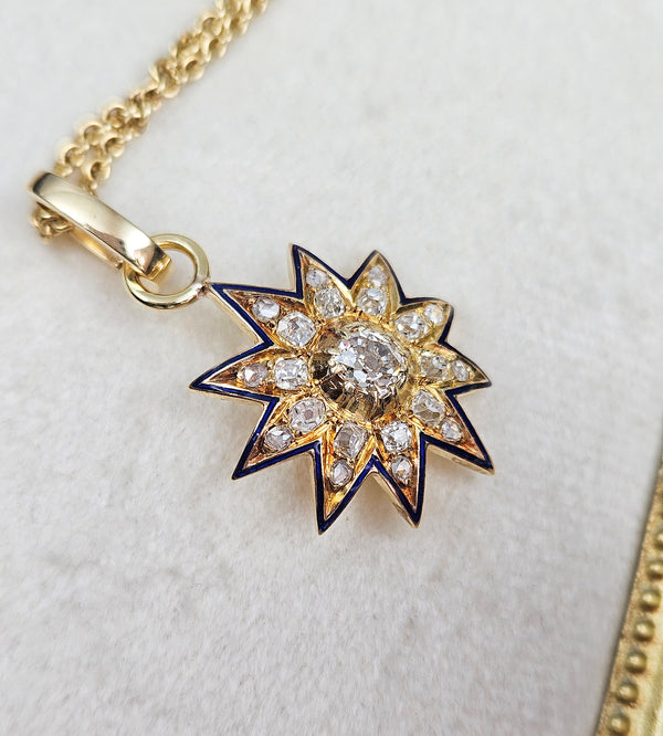 Antique Victorian English GIA 19K Gold Ten Point Old Mine Diamond and Blue Enamel Starburst Star Pendant