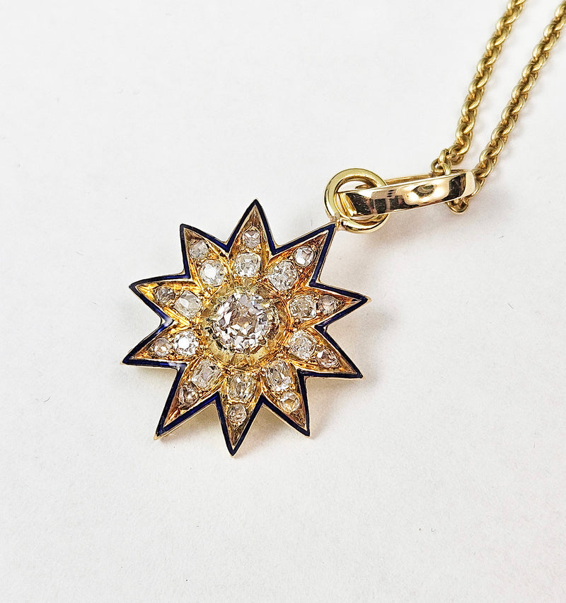 Antique Victorian English GIA 19K Gold Ten Point Old Mine Diamond and Blue Enamel Starburst Star Pendant