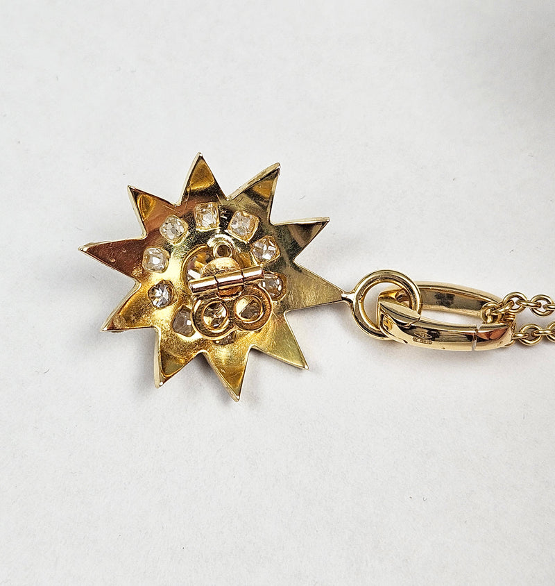 Antique Victorian English GIA 19K Gold Ten Point Old Mine Diamond and Blue Enamel Starburst Star Pendant
