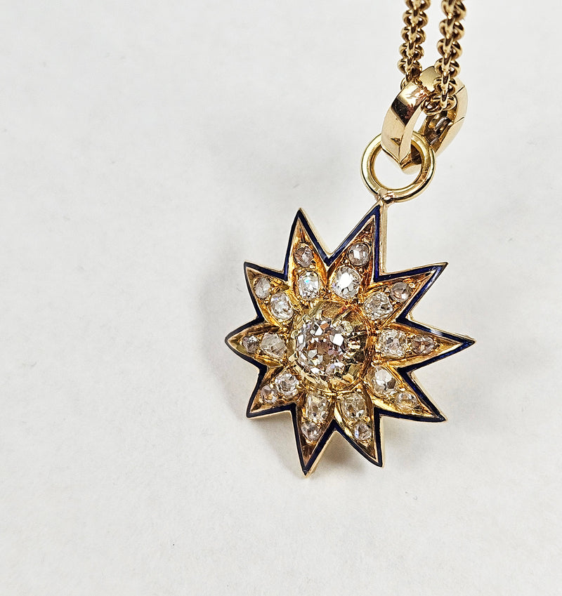 Antique Victorian English GIA 19K Gold Ten Point Old Mine Diamond and Blue Enamel Starburst Star Pendant