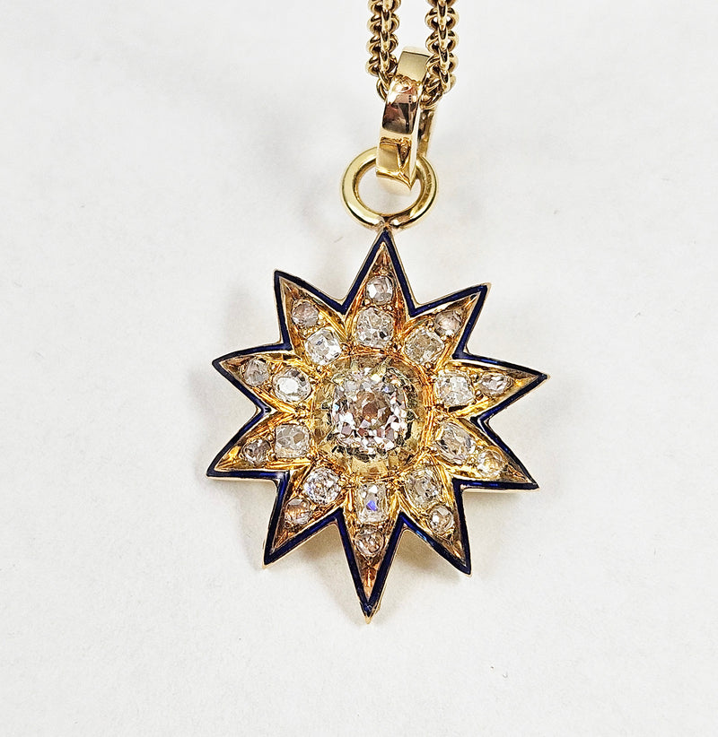 Antique Victorian English GIA 19K Gold Ten Point Old Mine Diamond and Blue Enamel Starburst Star Pendant