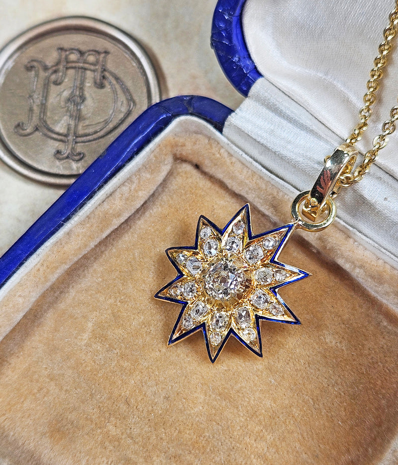 Antique Victorian English GIA 19K Gold Ten Point Old Mine Diamond and Blue Enamel Starburst Star Pendant