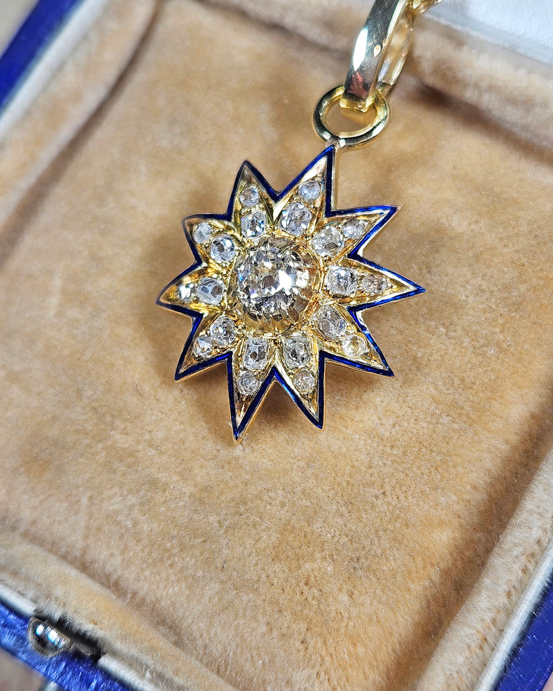 Antique Victorian English GIA 19K Gold Ten Point Old Mine Diamond and Blue Enamel Starburst Star Pendant