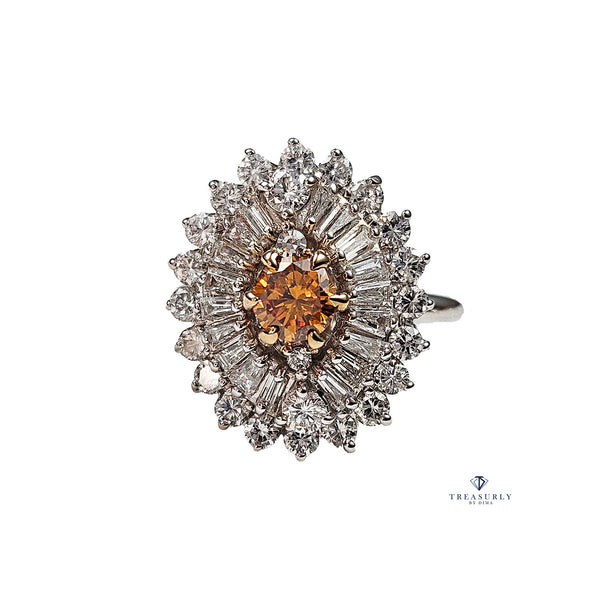 Vintage Shy 3.0ctw GIA Fancy ORANGE Diamond Ballerina Cocktail 14k White Gold Ring