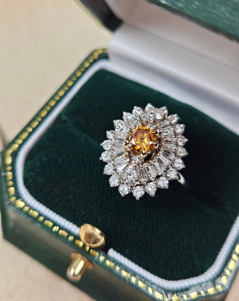 Vintage Shy 3.0ctw GIA Fancy ORANGE Diamond Ballerina Cocktail 14k White Gold Ring