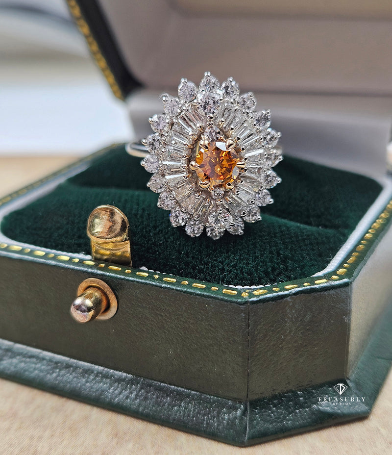 Vintage Shy 3.0ctw GIA Fancy ORANGE Diamond Ballerina Cocktail 14k White Gold Ring
