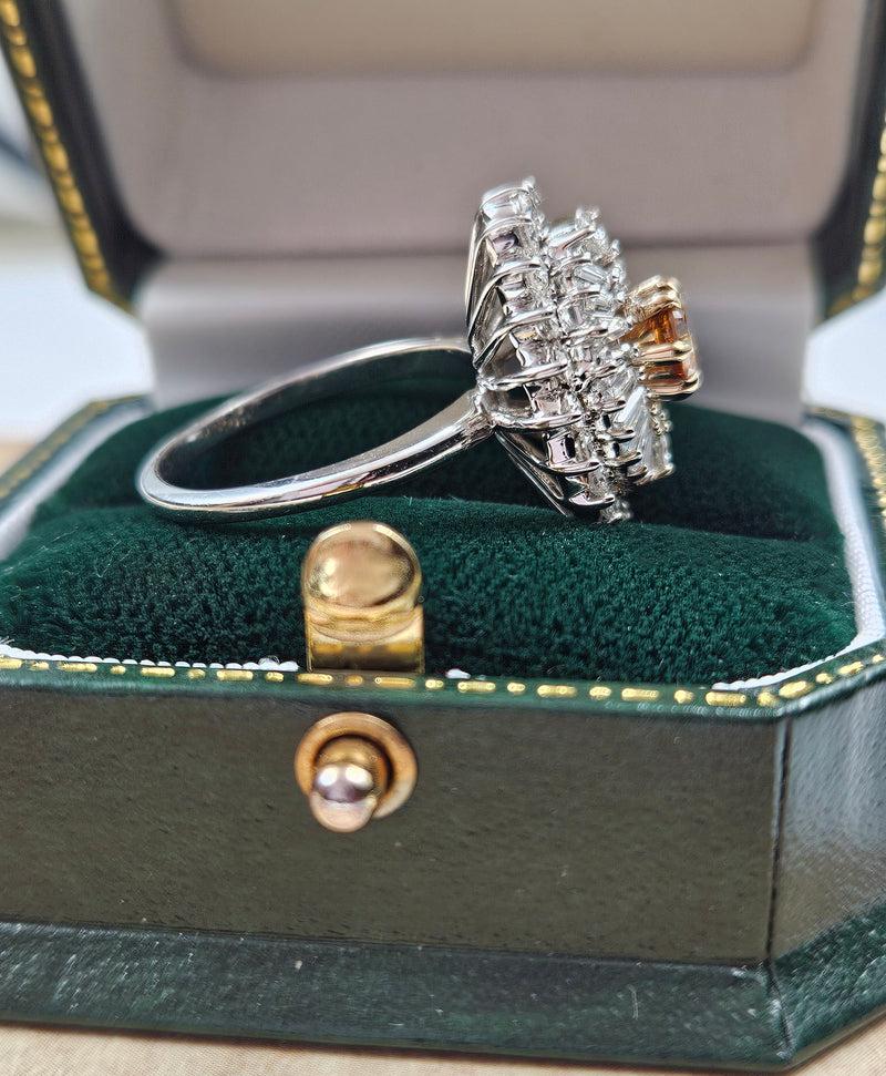 Vintage Shy 3.0ctw GIA Fancy ORANGE Diamond Ballerina Cocktail 14k White Gold Ring