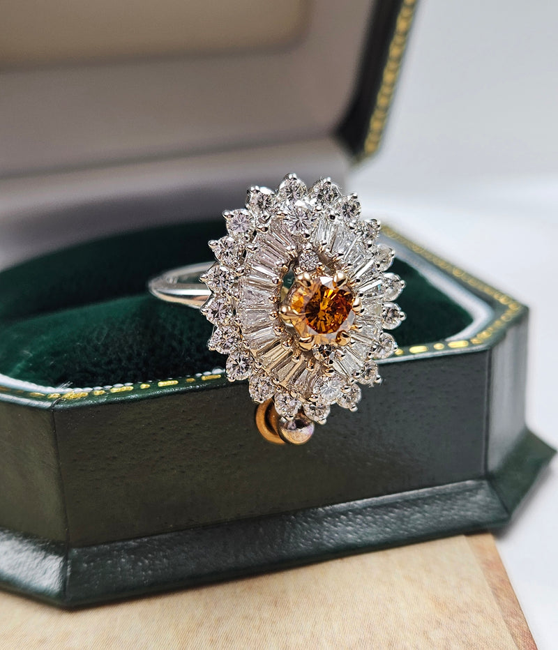 Vintage Shy 3.0ctw GIA Fancy ORANGE Diamond Ballerina Cocktail 14k White Gold Ring