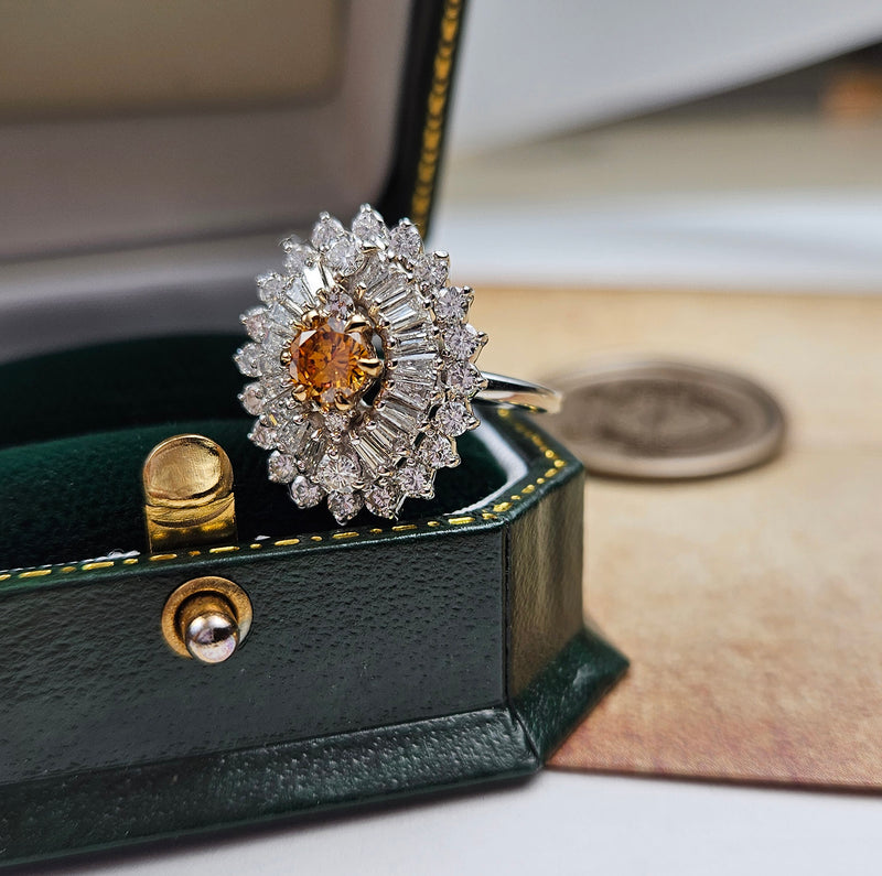 Vintage Shy 3.0ctw GIA Fancy ORANGE Diamond Ballerina Cocktail 14k White Gold Ring